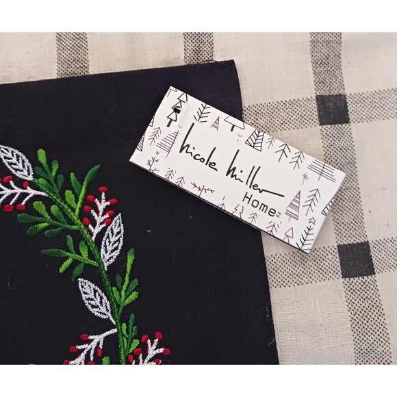 NWT Nicole Miller XMAS Bib Full Apron Blk/Cream Linen/Cotton Merry & Bright O/S - Picture 3 of 6